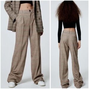Zara Plaid Wide-Leg Pants - Brown